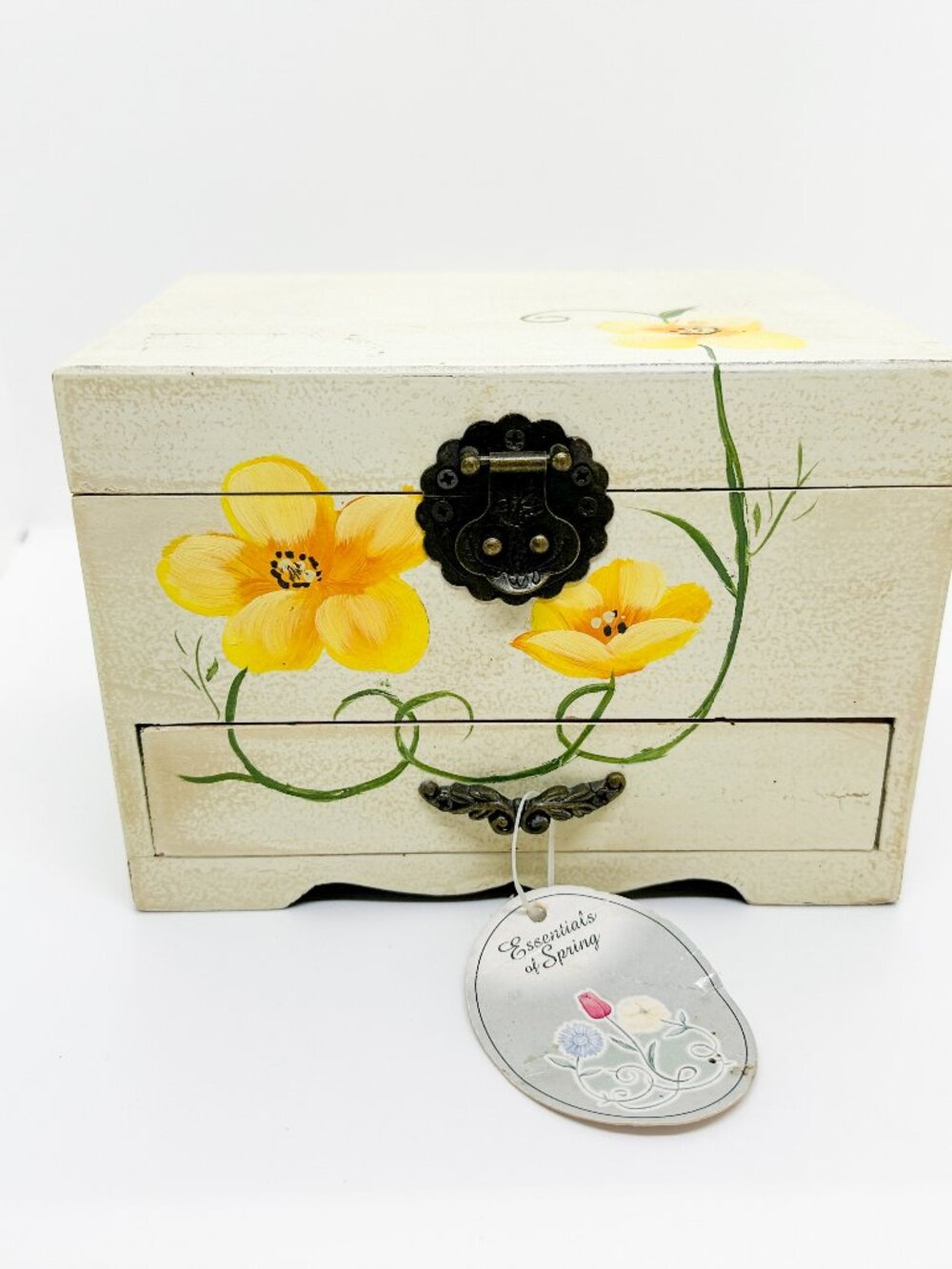 Vintage Wood Painted Flower Jewelry Box Velvet Cottagecore Boho